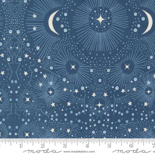 Woodland Wonder Gingiber Moda Fabrics celestial starshine blender moon stars constellations medium blue with light blue and white accents tone on tone cotton quilting fabric bags garments 