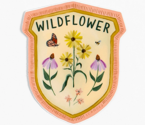 1Canoe2 Sticker vinyl Wildflower badge pale yellow background gold outline with peach coneflowers black eyed susan butterfly bee green leaves