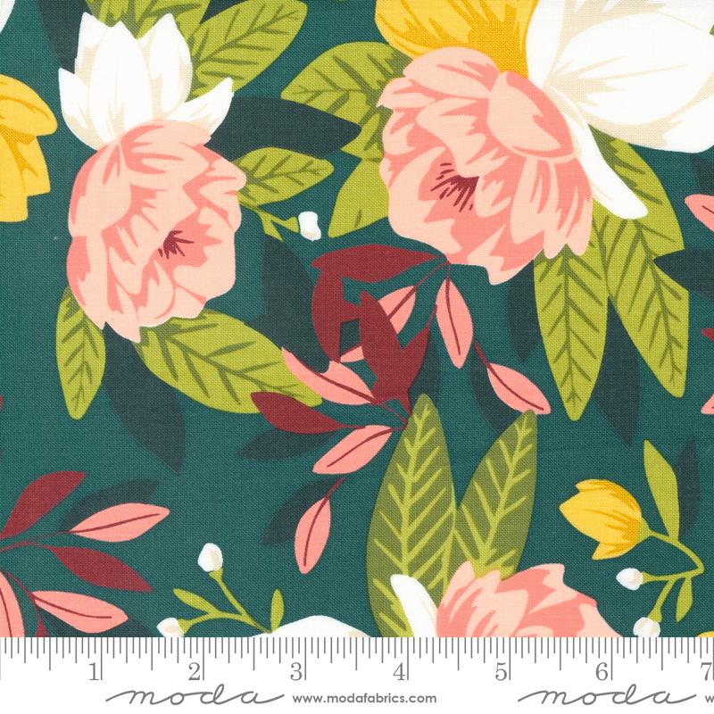 Willow Ambrose Lagoon by 1 Canoe 2 for Moda cotton quilt fabric garments bags dark teal background large pink peonies with leaves in green floral large scale