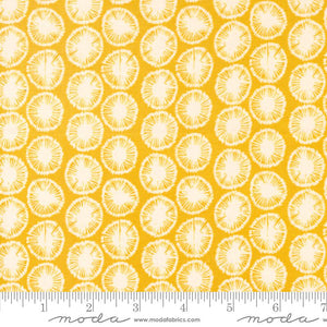 Willow Ambrose Lagoon by 1 Canoe 2 for Moda cotton quilt fabric garments bags golden yellow background white dandelion heads clustered