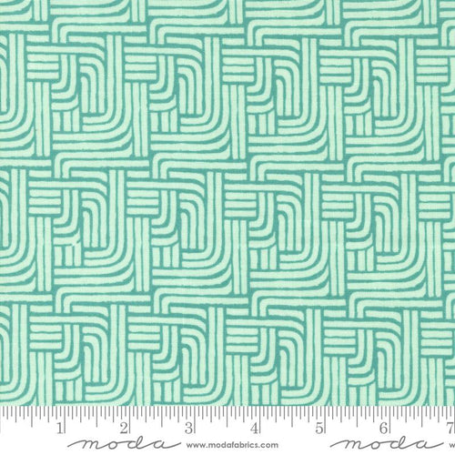 Willow Ambrose Lagoon by 1 Canoe 2 for Moda cotton quilt fabric garments bags dark teal background with cream whiwte lines in geometric shapes