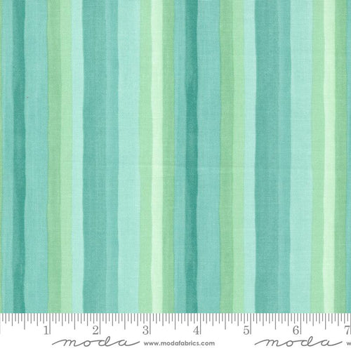 Willow Ambrose Lagoon by 1 Canoe 2 for Moda cotton quilt fabric garments bags dark teal green cream aqua stripes in varying sizes irregular watercolor effect