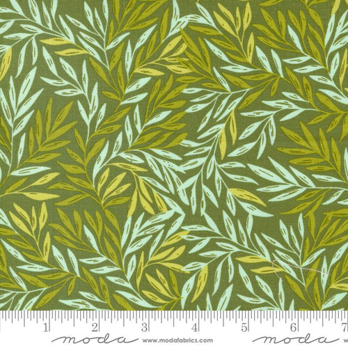 Willow Ambrose Lagoon by 1 Canoe 2 for Moda cotton quilt fabric garments bags dark teal backgroundsage green background with densly clustered leaves in shades of green scale