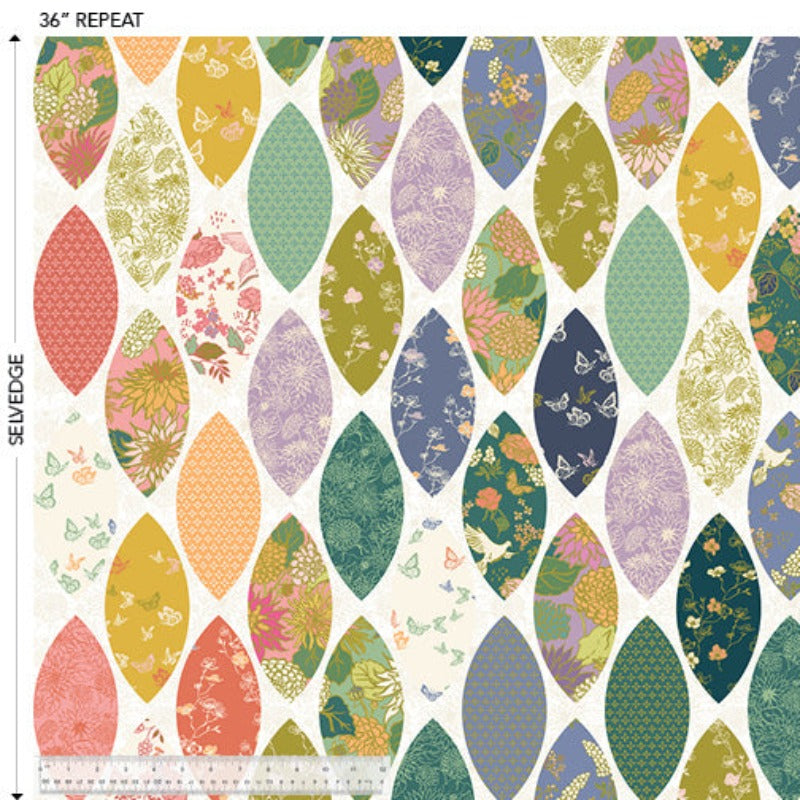 In the Garden by Jennifer Moore for Windham Fabrics Cheater Cloth leaf shapes lavender periwinkle green teal gold orange saffron quilt weight cotton