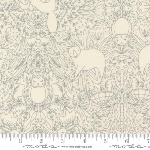 Woodland Wonder Gingiber Moda Fabrics novelty animals tone on tone cloud white cream gray line drawing of owl bunny fox deer squirrel leaves cotton quilting fabric bags garments 