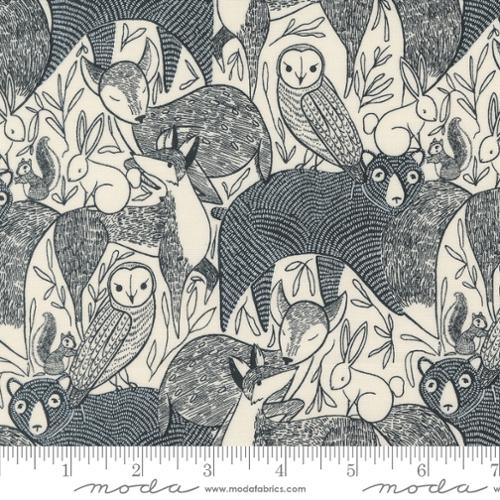 Woodland Wonder Gingiber Moda Fabrics novelty animals black and cloud white line drawing of owl bunny fox deer squirrel leaves cotton quilting fabric bags garments 