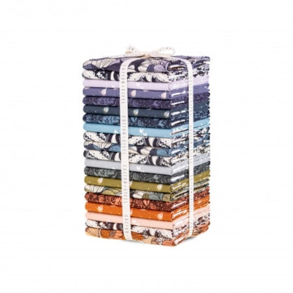 Scout Lake collection by Ash Cascade for Cotton + Steel fabrics fat quarter bundle cotton quilt weight fabric dusky purple blue aqua gold orange rust swallowtail butterflies foliage flowers poppy thistle 