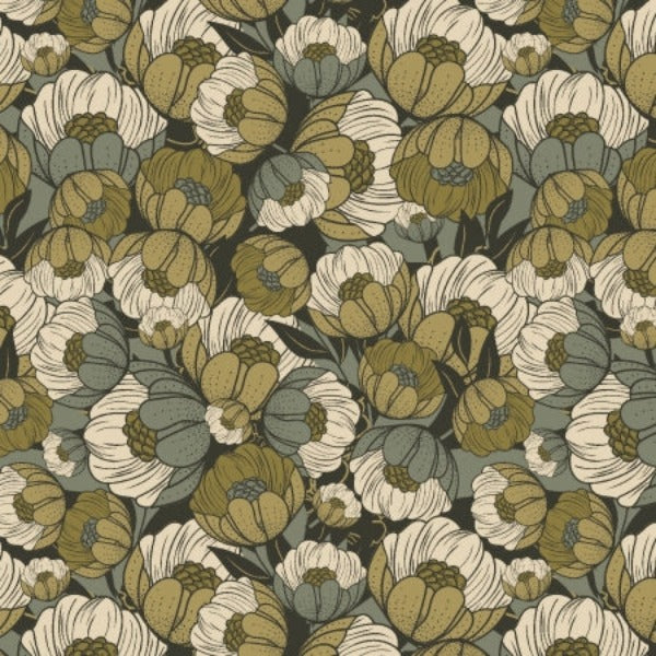 Wild Flora Floral in Verde Green Scout Lake collection by Ash Cascade for Cotton + Steel Fabrics cotton quilt weight fabric dark green background poppy flowers in various shades of green and cream densely clustered quilting clothing bags home dec sewing