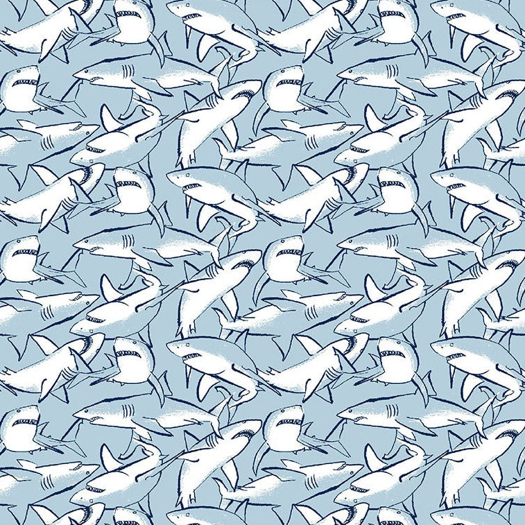 Dear Stella Shark Infested Waters in Starlight blue and white clustered sharks swimming in the ocean cotton quilt fabric material sewing garments projects 