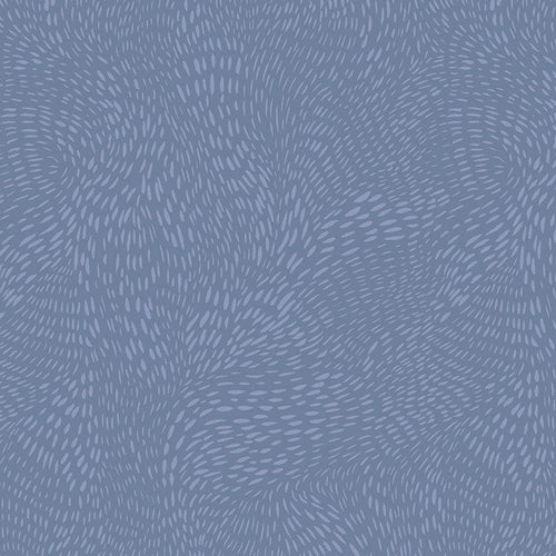 Dear Stella Basic Dash Flow in Allure Denim blue medium tone with swirling lines that create movement tone on tone cotton material for quilts sewing garments projects making 