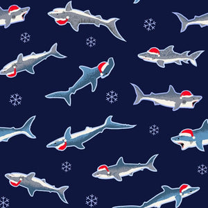 Dear Stella Fabrics Santa Jaws light blue and gray sharks wearing Santa hats on a navy background with floating snowflakes cotton material fabric for sewing quilting tree skirt stocking bags 
