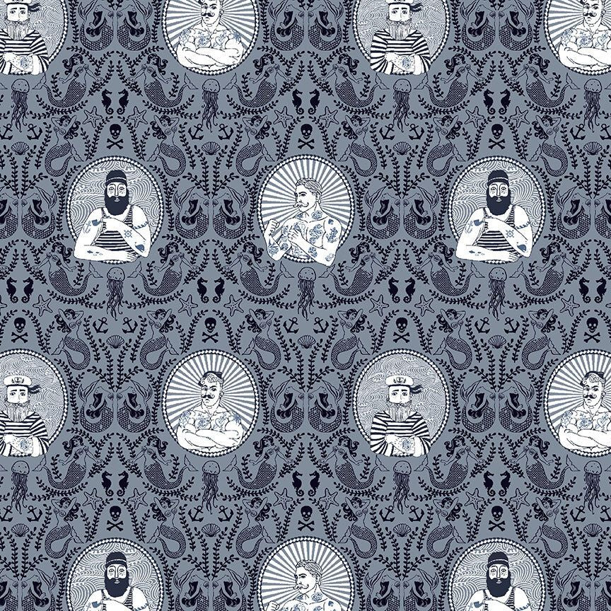 Colony Salty nautical fabric print navy blue framed portraits of sailors with tattoos surrounded by seaweed vines jellyfish anchors starfish mermaids on waves Dear Stella Fabrics cotton quilt weight fabric  for quilts garments home sewing bags