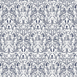 Navy blue sea nymphs mermaids seaweed vines jellyfish seahorses skull and crossbones shells anchors lighthouse on white background Dear Stella Fabrics cotton quilt weight fabric  for quilts garments home sewing bags
