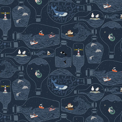 Colony Salty nautical fabric print navy blue with different bottle shapes and ocean creatures whales lighthouse boat ship seagull dolphins on waves Dear Stella Fabrics cotton quilt weight fabric  for quilts garments home sewing bags
