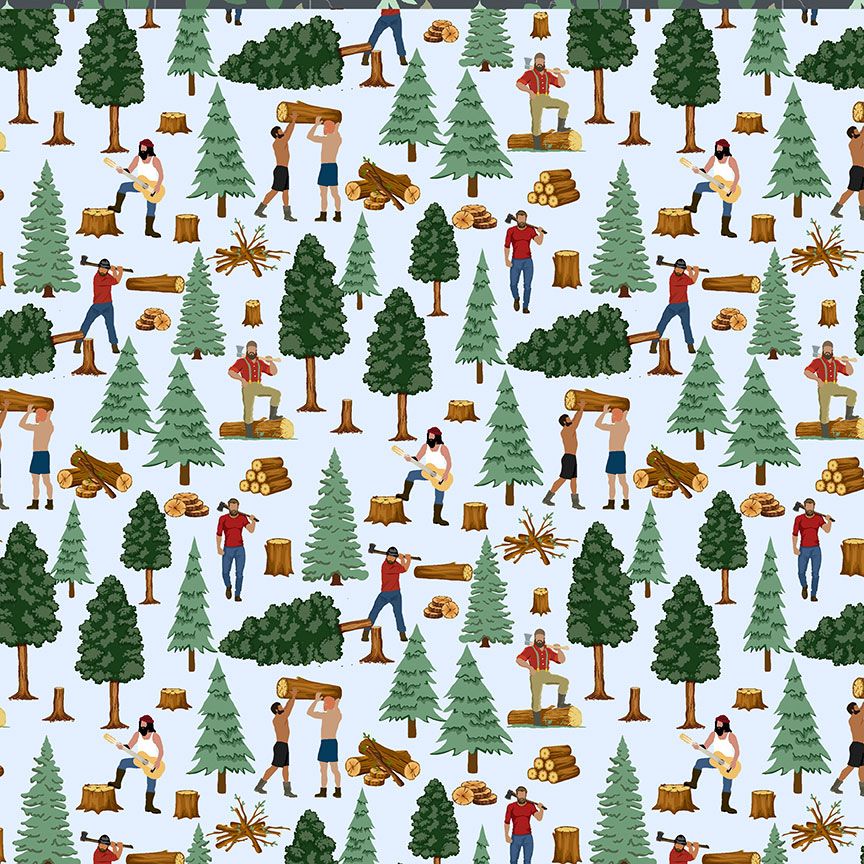Chop Wood Look Good print by Dear Stella Fabrics sky blue background with men lumberjacks chopping wood playing guitar swinging an ax campfire logs green trees stumps tree branches cotton quilt weight fabric for quilting bags sewing garments 