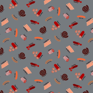 Dear Stella Sausages in red orange brown cream on pewter gray grey background cotton quilt fabric for quilting garments bags sewing projects