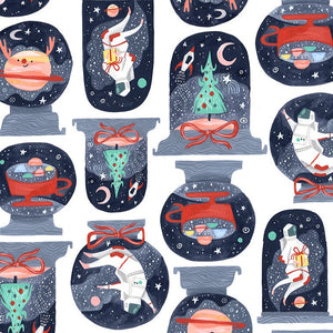 Dear Stella Space Globes Snowglobes with hot drinks christmas tree rocket moon astronaut planet dressed as reindeer  perfect for fussy cutting quilt stocking bags sewing projects cotton fabric material 