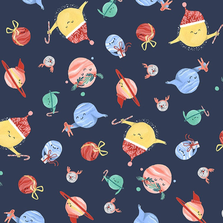 Dear Stella Holiday Planets on Navy background planets in space wearing Santa hat bows mistletoe candy canes fun silly print happy faces perfect for fussy cutting or a quilt stocking reusable gift bags tree skirt high quality cotton material fabric 