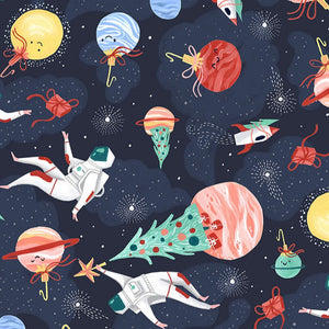 Dear Stella Merry Space-Mas Spacemas navy background planets that look like ornaments astronauts decorating the tree presents rockets navy space background green yellow white red cotton fabric material holiday silly fun stockings quilts tree skirt 