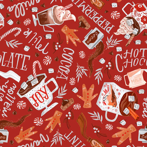 Dear Stella Hot Chocolate print on dark chili red background  marshmallows gingerbreadmen cookies  candy canes mugs cotton quilt material quilt stocking sewing