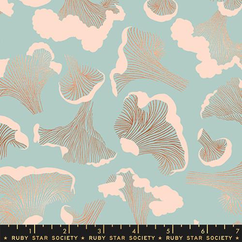 Ruby Sar Society for Moda fabrics floating mushrooms in gold metallic and white on a sky blue background quilting weight cotton for quilts bags garments Cloud like chanterelle mushrooms have metallic detail on a turquoise background.  