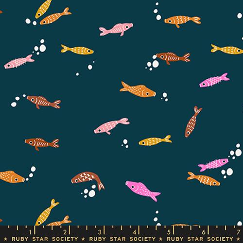 Ruby Star Society Koi Pond Moda Fabrics multi-colored small Koi fish in pink gold orange with white bubbles high quality cotton quilting fabric for quilt bags garments Whimsical multicolored fish swim across a deep blue background with bubbles.  