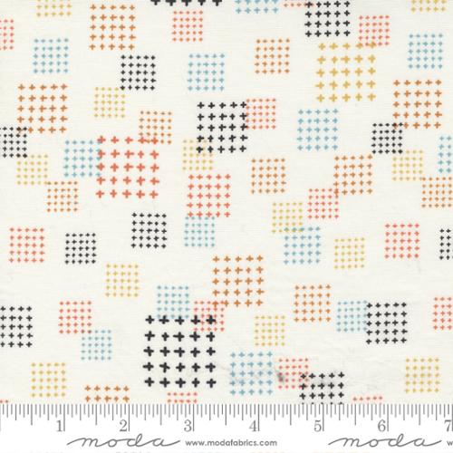 vanilla cream white background with X's in orange gold blue black and arranged in squares Lazy Afternoon Cross Stitch Geometic in Vanilla by Zen Chic for Moda Fabrics quilt weight cotton quilting garments clothing projects 