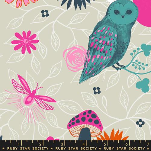 Firefly Twilight Forest by Sarah Watts for Ruby Star Society and Moda Fabrics quilt weight novelty cotton for quilting garments bags sewing projects main print with various animals and nature owl in turquoise mushrooms fireflies lightening bugs folk art rabbit and leaf vine outlines in white on ash gray grey background