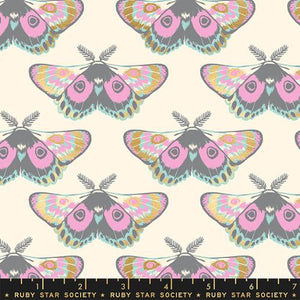 Firefly by Sarah Watts for Ruby Star Society and Moda Fabrics quilt weight novelty cotton for quilting garments bags sewing projects winged metallic fireflies lightening bugs in shades of green and pink outlined in dark gray with fluffy attenaes in rows on cream white buttercream background