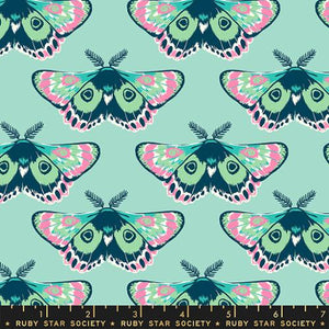 Firefly by Sarah Watts for Ruby Star Society and Moda Fabrics quilt weight novelty cotton for quilting garments bags sewing projects winged fireflies lightening bugs in shades of green and pink outlined in dark blue with fluffy attenaes in rows on frost mint green background