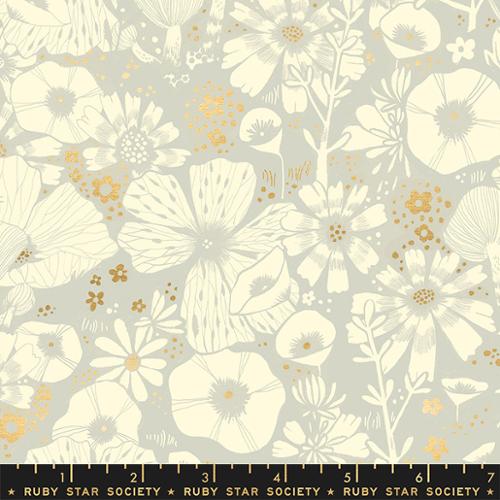Firefly by Sarah Watts for Ruby Star Society and Moda Fabrics quilt weight novelty cotton for quilting garments bags sewing projects Metallic flower daisies and large cream white floral cup flowers poppies  on soft dove gray grey background