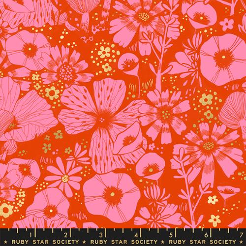 Firefly by Sarah Watts for Ruby Star Society and Moda Fabrics quilt weight novelty cotton for quilting garments bags sewing projects Metallic flower daisies and large orchid pink floral cup flowers poppies  on tomato fire red orange background