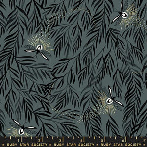 Firefly by Sarah Watts for Ruby Star Society and Moda Fabrics quilt weight novelty cotton for quilting garments bags sewing projects Metallic fireflies lightening bugs in black and white with black and grey draped willow branches and sprinkled dot stars on dark charcoal gray greybackground