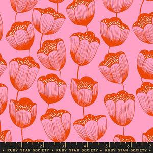 Firefly by Sarah Watts for Ruby Star Society and Moda Fabrics quilt weight novelty cotton for quilting garments bags sewing projects magic moon tulip flowers in rows red and pink with dotted centers deep orchid pink background