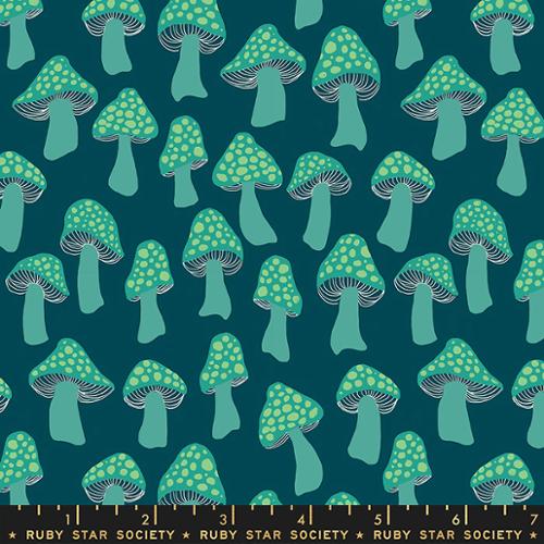 Firefly by Sarah Watts for Ruby Star Society and Moda Fabrics quilt weight novelty cotton for quilting garments bags sewing projects mutliple size novelty mushrooms in light aqua with lime green yellow polka dot caps on a dark galaxy teal green background