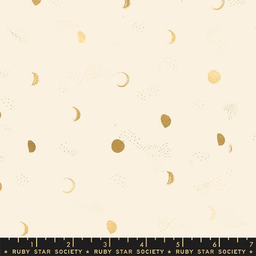Firefly by Sarah Watts for Ruby Star Society and Moda Fabrics quilt weight novelty cotton for quilting garments bags sewing projects Buttercream color Metallic gold night sky moon phases and sprinkled dot stars on cream white background