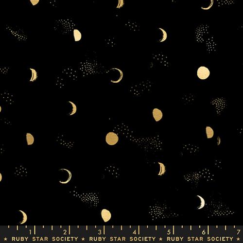 Firefly by Sarah Watts for Ruby Star Society and Moda Fabrics quilt weight novelty cotton for quilting garments bags sewing projects  Metallic gold night sky moon phases and sprinkled dot stars on black background