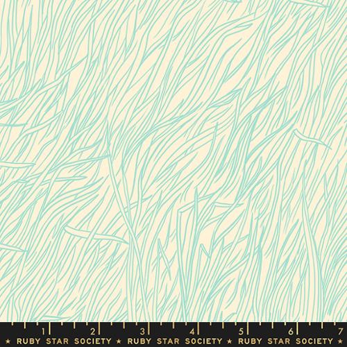 Firefly by Sarah Watts for Ruby Star Society and Moda Fabrics quilt weight cotton for quilting garments bags sewing projects   Whisper blender in Frost light green aqua colored grass stem outline on soft cream background