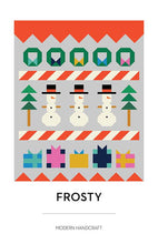Load image into Gallery viewer, Frosty quilt pattern by Modern Handcraft row by row with Frosty the Snowman wreaths presents trees peppermint sticks large throw size for advanced beginner pieced blocks bright holiday colors
