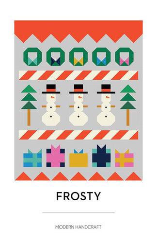 Frosty quilt pattern by Modern Handcraft row by row with Frosty the Snowman wreaths presents trees peppermint sticks large throw size for advanced beginner pieced blocks bright holiday colors