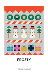 Frosty quilt pattern by Modern Handcraft row by row with Frosty the Snowman wreaths presents trees peppermint sticks large throw size for advanced beginner pieced blocks bright holiday colors