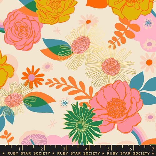 Reverie Main Print Natural Metallic by Melody Miller for Ruby Star Society and Moda fabrics multiple size flowers in pink orange green with orange and blue foliage on natural cream background and metallic floral high quality cotton quilt weight fabric for quilts bags garments clothing sewing projects Large, bright floral print with metallic petal accents.