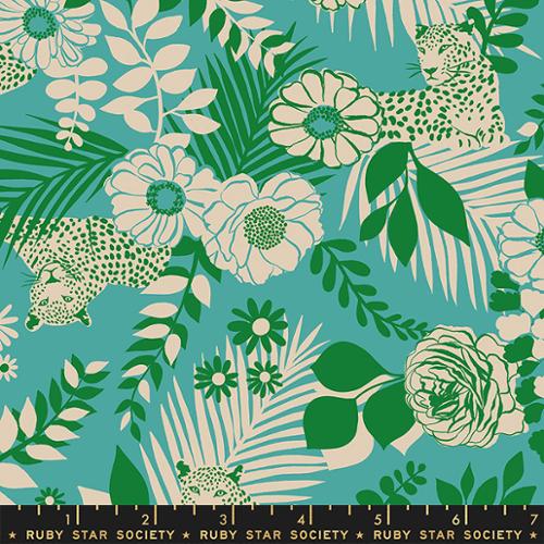 Reverie Succulent by Melody Miller for Ruby Star Society for Moda fabrics high quality cotton quilt weight fabric for quilts bags garments clothing sewing projects Verdant Florals in green, white and blue with leopards on a turquoise background