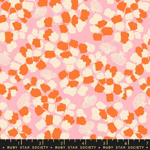 Reverie Posy pink background with cream and orange ginkgo leaves and fronds Ruby Star Society for Moda fabrics high quality cotton quilt weight fabric for quilts bags garments clothing sewing projects