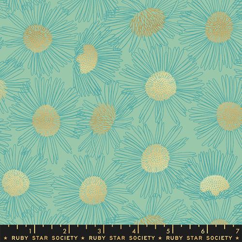 Reverie  Metallic Moss floral tone on tone teal flowers with fold metallic centers on blue green background Melody Miller Ruby Star Society for Moda fabrics high quality cotton quilt weight fabric for quilts bags garments clothing sewing projects Sketch style daisies have a metallic center. 