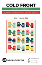 Load image into Gallery viewer, Cold Front a modern quilt pattern by Wren Collective fat quarter and beginner friendly pairs of mittens in scrappy fabrics on a white background Crib throw or bed size options
