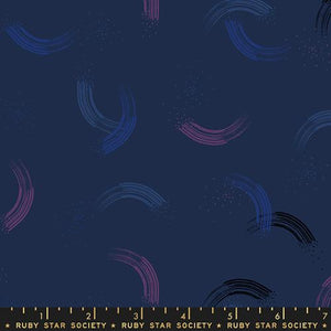 This blender fabric features blue, pink and black brush strokes on a dark blue background Twirl by Sarah Watts for Ruby Star Society Moda Fabrics basics metallic quilt weight cotton in navy blue black and pink