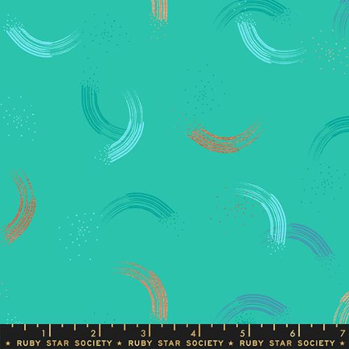 Light colored brush strokes with metallic accents on a teal background Twirl by Sarah Watts for Ruby Star Society Moda Fabrics basics metallic quilt weight cotton in deep aqua turquoise teal blue green