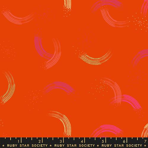 This blender fabric features yellow, peach and pink brush strokes on an orange background Twirl by Sarah Watts for Ruby Star Society Moda Fabrics basics metallic quilt weight cotton in fire orangey red tomato