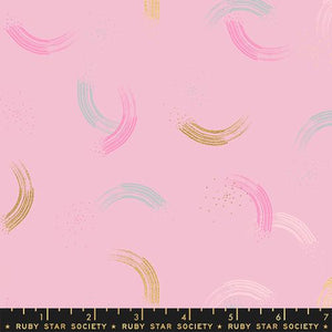 This blender fabric features pink, white, turquoise and gold brush strokes and dots on a pink background Twirl by Sarah Watts for Ruby Star Society Moda Fabrics basics metallic quilt weight cotton in peony pink 
